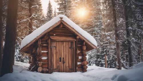 Una porta rustica in legno a forma di cuore di una baita accogliente in una foresta innevata, con una luce calda che filtra dalle finestre.