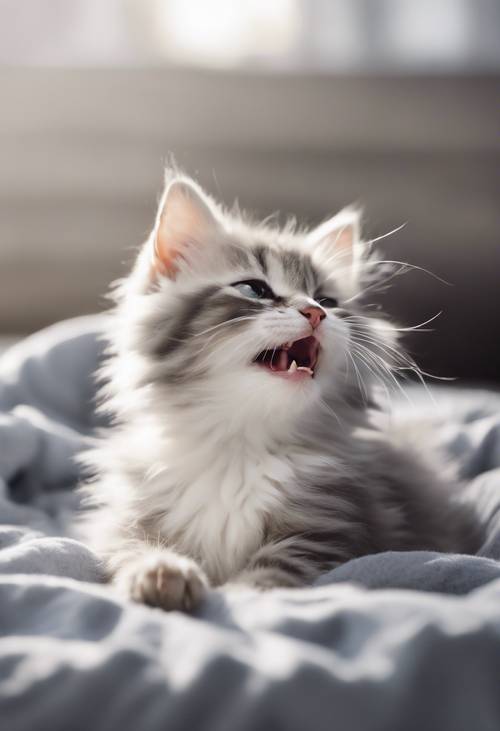 A grey and white fluffy kitten yawning widely in its comfy bed
