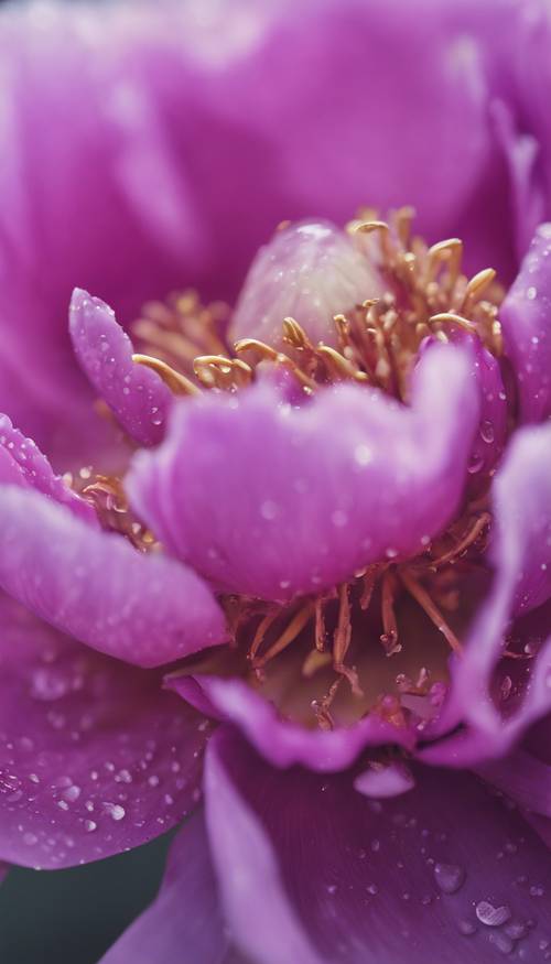 沾满露珠的紫色牡丹的特写。