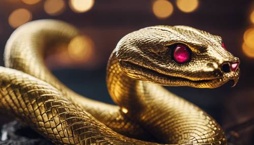 An ancient golden snake statue with ruby eyes