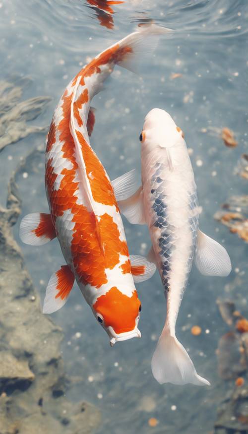Heartwarming view of two koi fish, one white and one orange, swimming side by side.