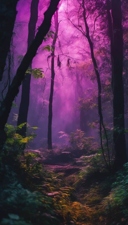 一片神秘的森林，笼罩在超自然的霓虹烟雾之中。