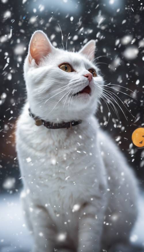 A white American Shorthair cat joyfully batting at falling snowflakes on a chilly winter night.