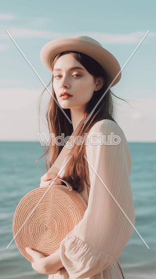 ליידי אלגנטית בחוף אוחזת בכובע קש