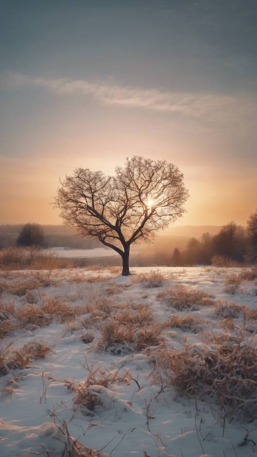 עץ נטול עלים בחורף, ענפיו החומים יוצרים צורת לב על רקע שמי הערב.