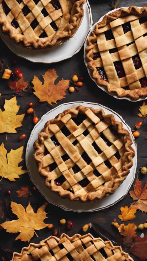 Une image stylisée de tartes faites maison décorées de treillis complexes et de croûtes à tarte aux feuilles d&#39;automne pour un Thanksgiving esthétique.