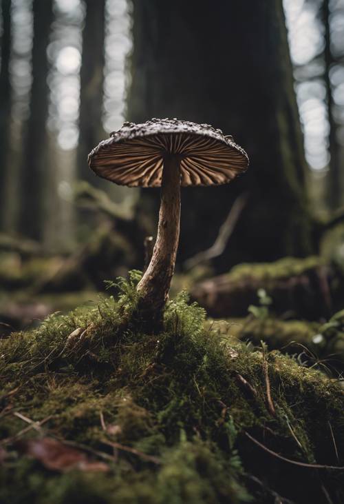 一朵深色的蘑菇在昏暗的荒原上，从一棵扭曲的老树的底部长出来。
