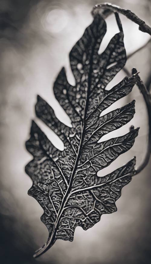 一片黑色叶子的精致雕刻，其叶脉被熟练的手工精致地捕捉到。