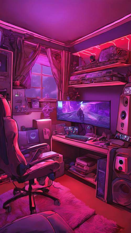 A gamer's room lit up with red and purple LED lights, adorned with multiple gaming consoles.