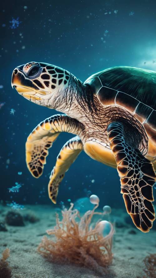 Uma tartaruga marinha pastando em águas-vivas sob o luar.