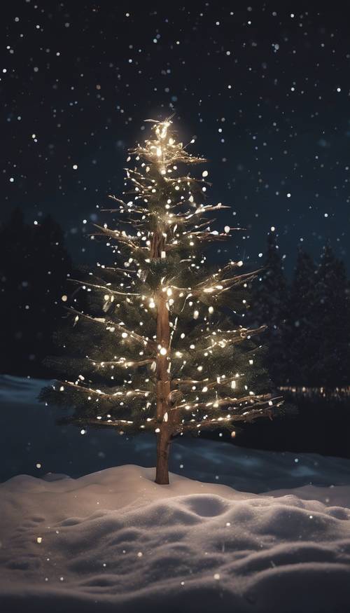 A countryside snowy scene, a decorated pine tree standing alone in the field, illuminating the dark night with its Christmas lights.