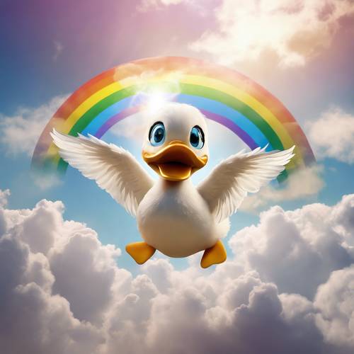 Imagen estilizada de un pato mágico kawaii sacando un arcoíris de sus alas en medio de las nubes.