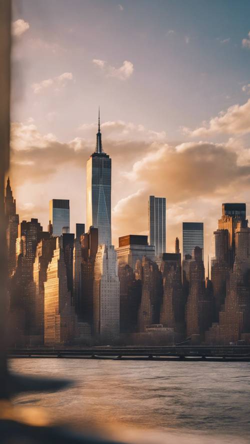 Pemandangan cakrawala New York saat matahari terbit, gedung pencakar langit yang memantulkan cahaya hidup dengan cahaya siang hari yang segar.