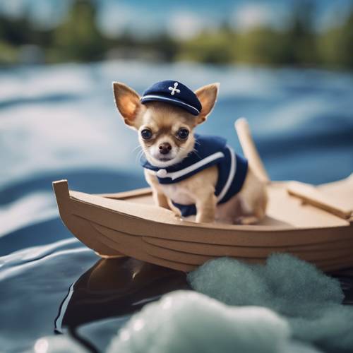 Một chú Chihuahua vui tươi mặc bộ đồng phục thủy thủ tí hon, đứng trên chiếc thuyền bìa cứng thu nhỏ trên dòng sông nỉ xanh.