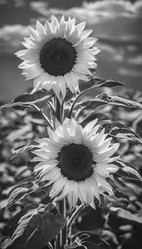 Zwei monochrome Sonnenblumen sind ineinander verschlungen, ihre großen Köpfe berühren sich fast, vor einem unscharfen Hintergrund.