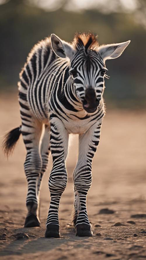 Um bebê zebra bocejando adorável após um longo dia de brincadeiras na natureza.