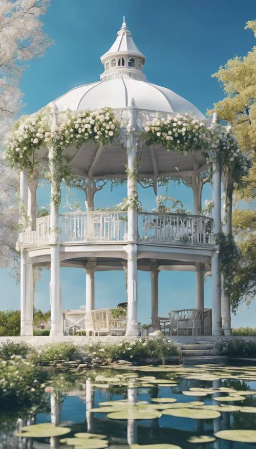 An elegant white garden gazebo adorned with vines and flowers facing a crystal clear pond under blue summer sky.