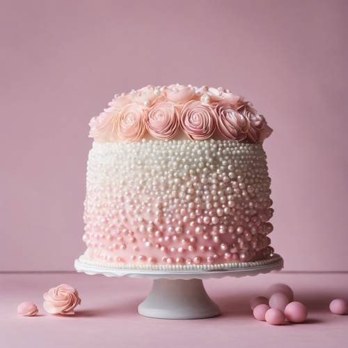 Light pink to white ombre icing on a tall, round cake decorated with edible pearls.