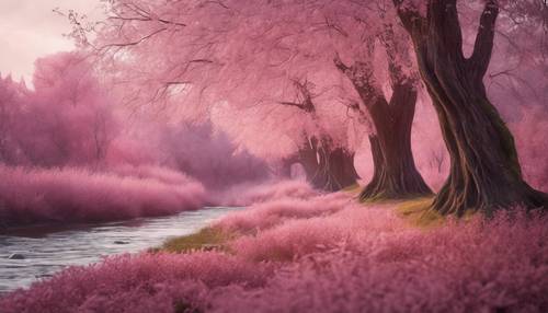 Un paysage riverain où les bases des arbres sont gainées de bois rose, illuminant le sentier d&#39;une aura magique.