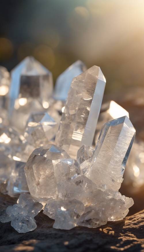 Sparkling clear quartz crystals lying in the crisp, early morning sunlight.