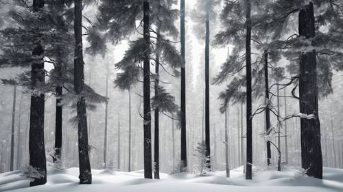 Сюрреалистическая иллюстрация черных сосен, контрастирующих с призрачным белым лесным фоном.
