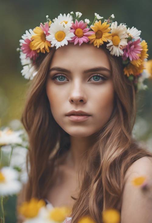 Uma garota usando uma coroa de flores feita de margaridas retrô vibrantes