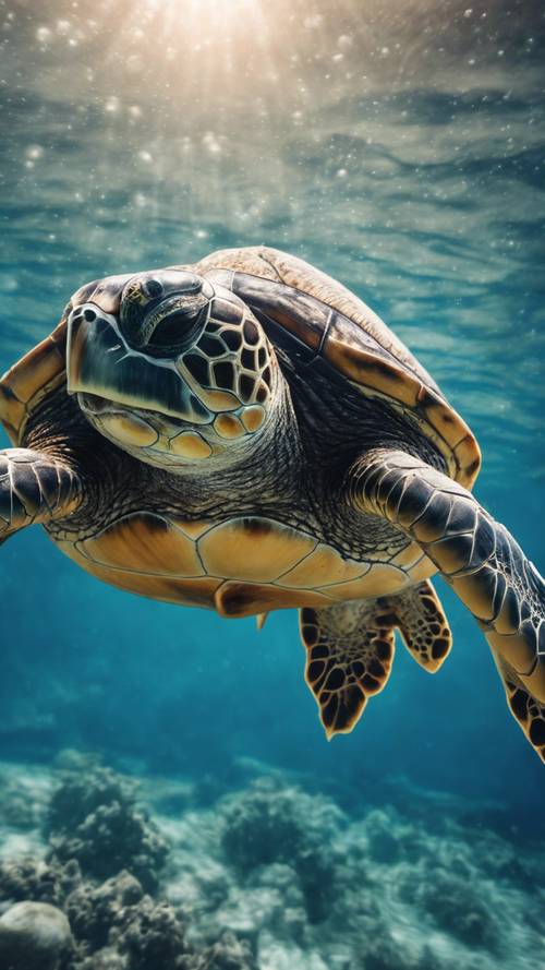 Uma tartaruga marinha mergulha profundamente no oceano azul, deixando um rastro de bolhas em seu rastro.