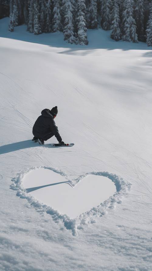 Snowboarder sketching a heart in the snow with the tip of his board for his beloved.