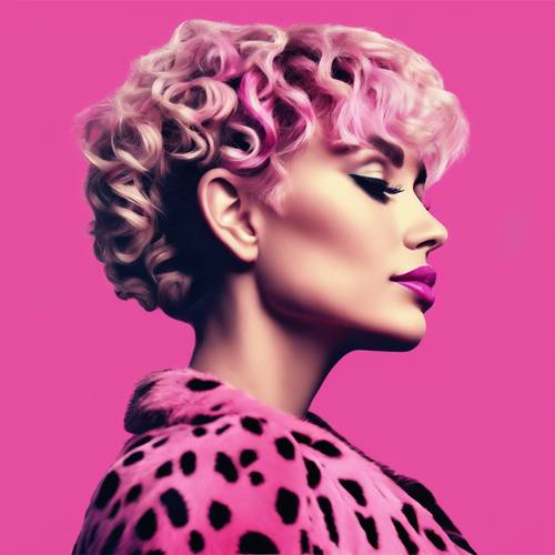 풍부한 핑크색 치타 프린트 머리를 가진 여성의 옆모습을 팝아트 스타일로 표현한 이미지입니다.
