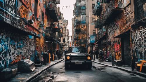 도시 중심부에는 매혹적인 검은색 그래피티로 표현된 활기 넘치는 거리 생활 장면이 있습니다.