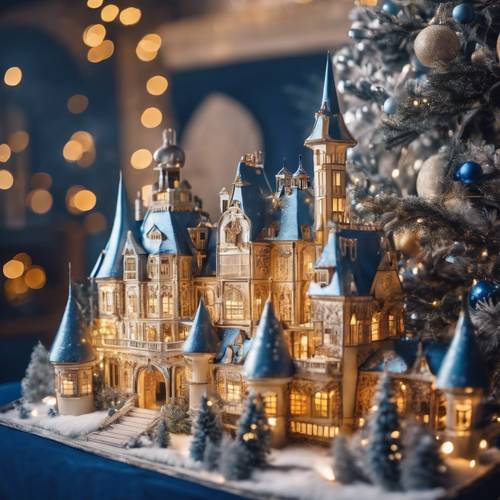 A grand blue castle decorated stunningly for Christmas