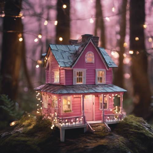 Mały różowy domek ozdobiony bajkowymi światełkami, położony w gęstym lesie”.