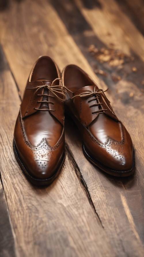 Freshly polished, tobacco-brown leather men's shoes on a wooden floor.