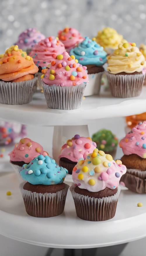 Um grupo de cupcakes de bolinhas multicoloridos em um suporte de porcelana branca.