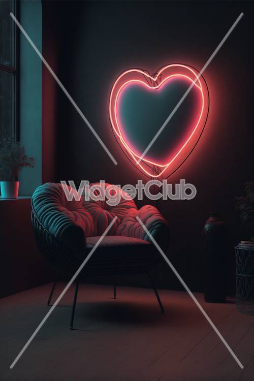 Heart-Shaped Neon Sign Glows Above Cozy Chair in Dark Room