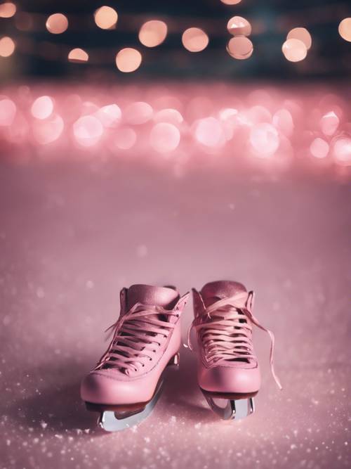 A pink ice-skating rink under twinkling fairy lights and falling snowflakes.