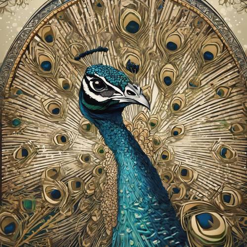 A detailed drawing in the style of Art Deco showcasing a peacock in all its grandeur. Wallpaper [bd7975cb1cd04773ad1d]