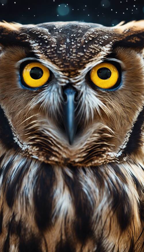 A close-up shot of a brown owl's face, look intent and wise, with bright yellow eyes against the night sky.