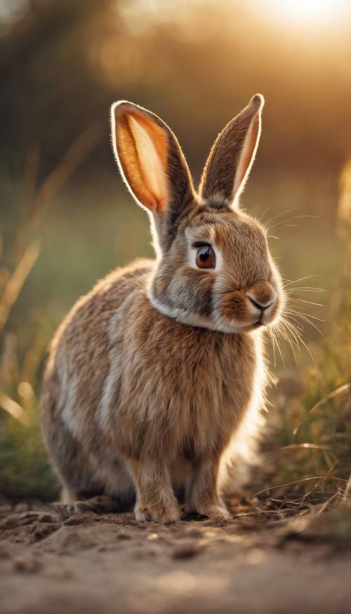 Close-up of a wild rabbit, its beige fur illuminated by the golden rays of the early morning sun.