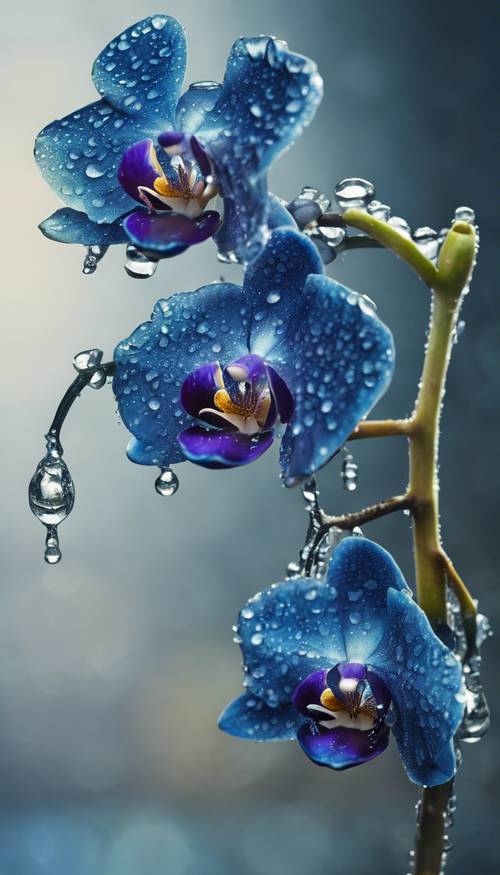 Eine Nahaufnahme einer auffälligen blauen Orchidee mit Tautropfen auf ihren Blütenblättern. Hintergrund [ac2e7d751fa2451ab508]
