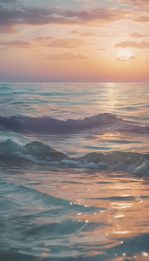 Pastelowy obraz abstrakcyjny przedstawiający uspokajający ocean o zachodzie słońca.