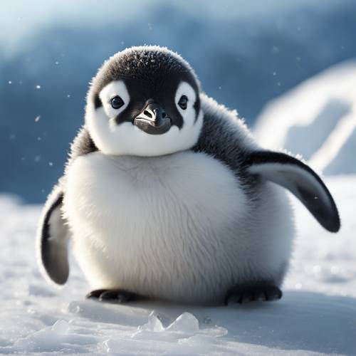 一只可爱的、灰色的、蓬松的小企鹅在冰坡上趴着滑行。