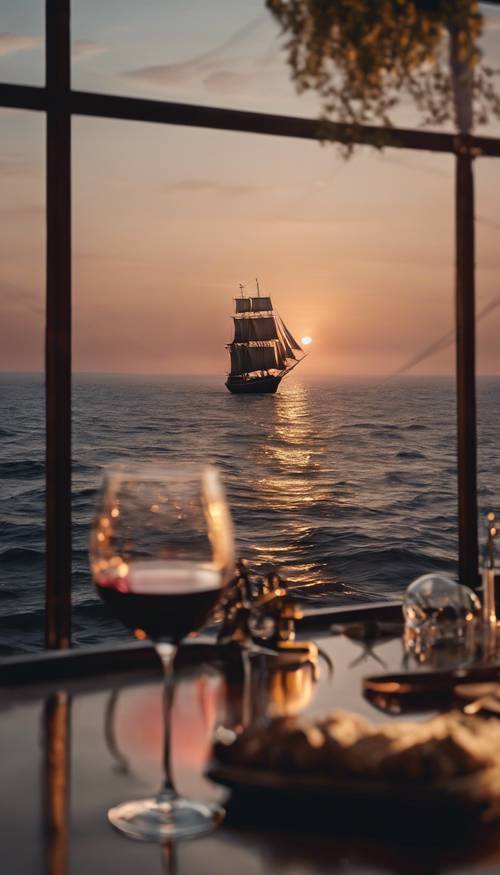 日落時分，一片酒紅色的大海，一艘老式快艇在遠處航行。