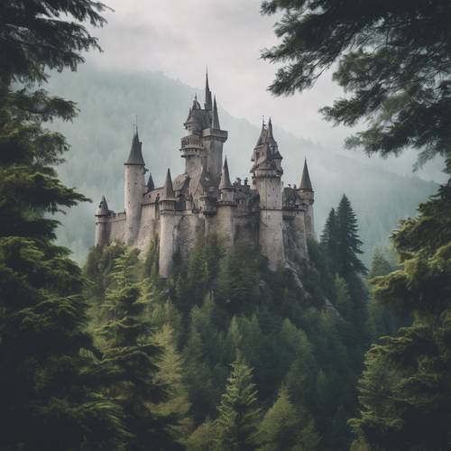 Eine Traumlandschaft mit einem alten Märchenschloss auf einem nebligen Berggipfel inmitten eines immergrünen Waldes.