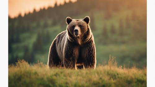 An imposing grizzly bear standing majestically on top of a lush green hill during a sunset.