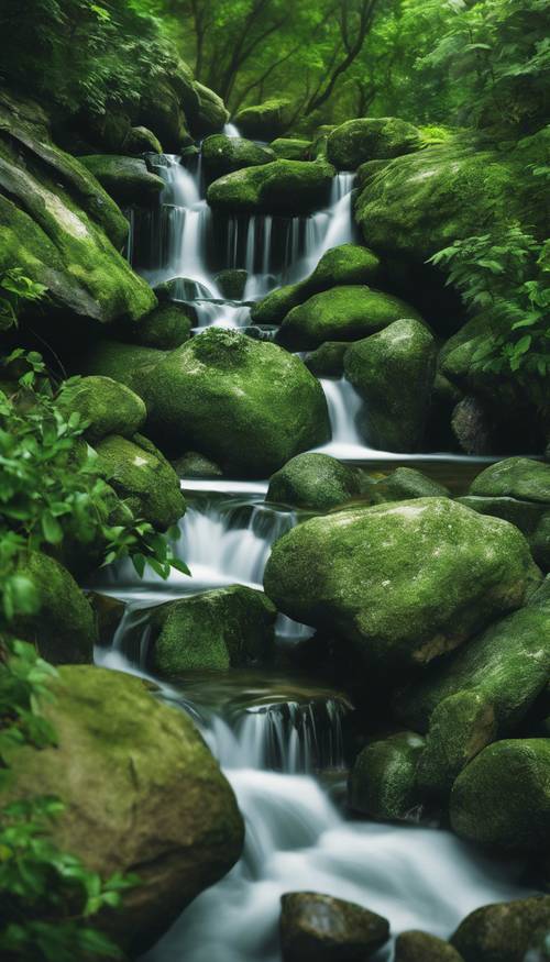 Szmaragdowozielona kaskada wody płynąca energicznie po zboczu skał, otoczona zieloną zielenią.