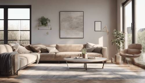 Doğal güneş ışığıyla dolu, nötr renkli minimalist oturma odası.