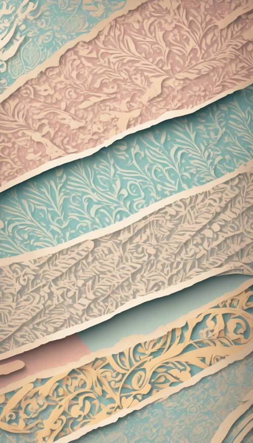 Abstract diagonal stripes filled with elegant damask patterns on a soft pastel background.