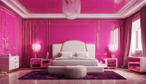 Um quarto art déco com paredes rosa choque e móveis brancos.