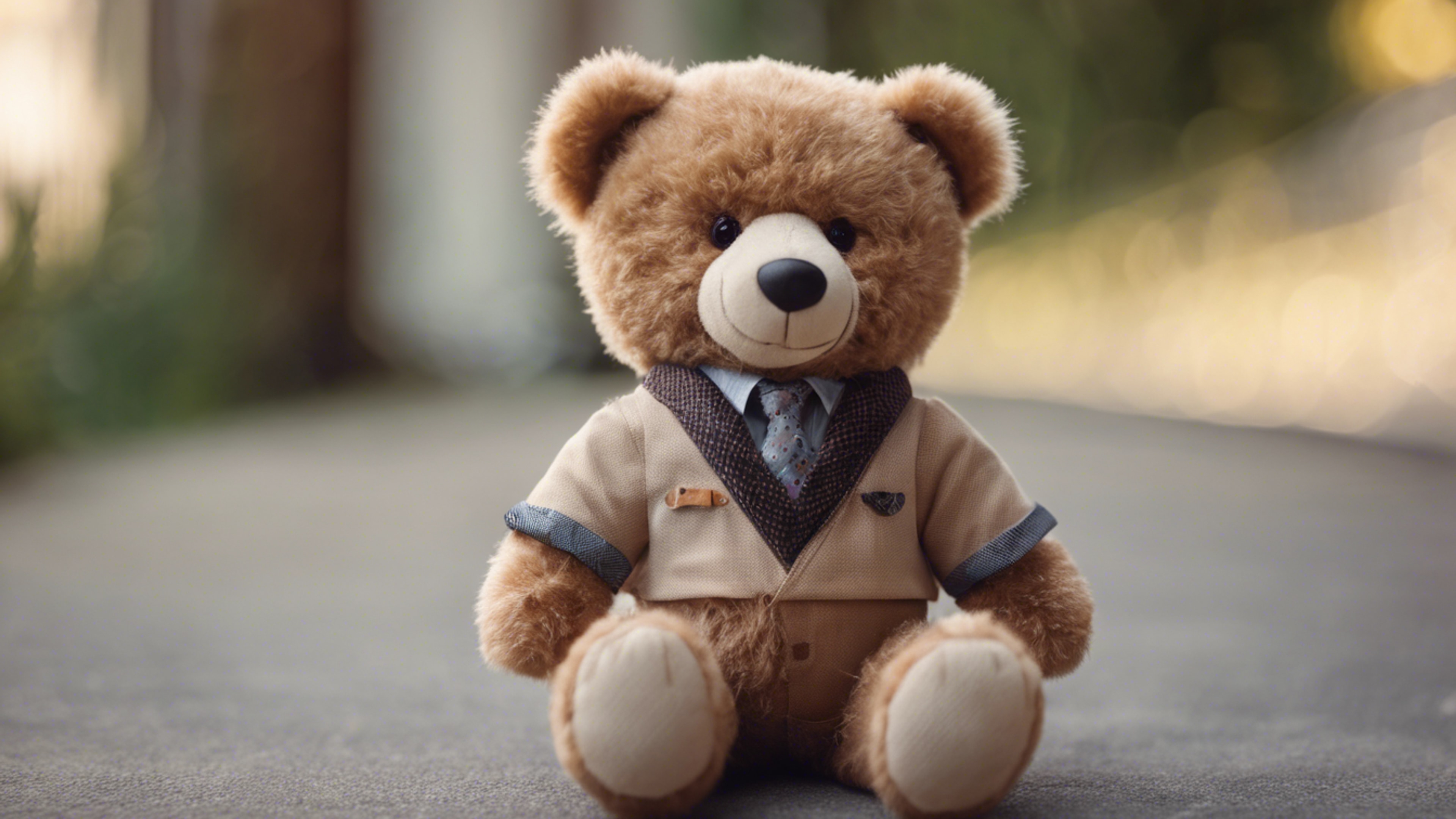 A teddy bear with light brown fur wearing a preppy outfit. Tapet[c4dfc3c378844a52a1e6]